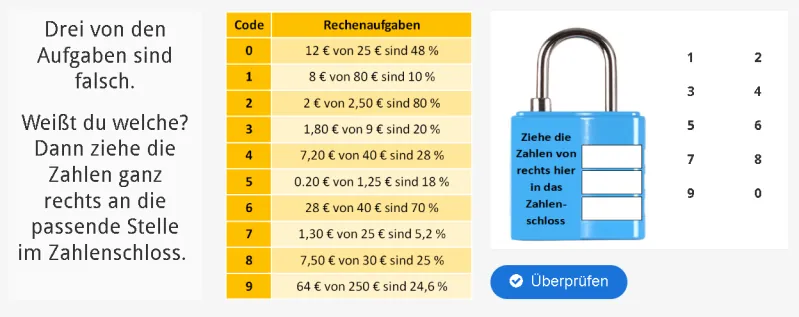 Zahlenschloss Prozentrechnung